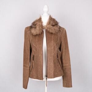 Vintage Y2K Women's Leather Jacket w/ Removable Faux Fur Collar MEDIUM PETITE